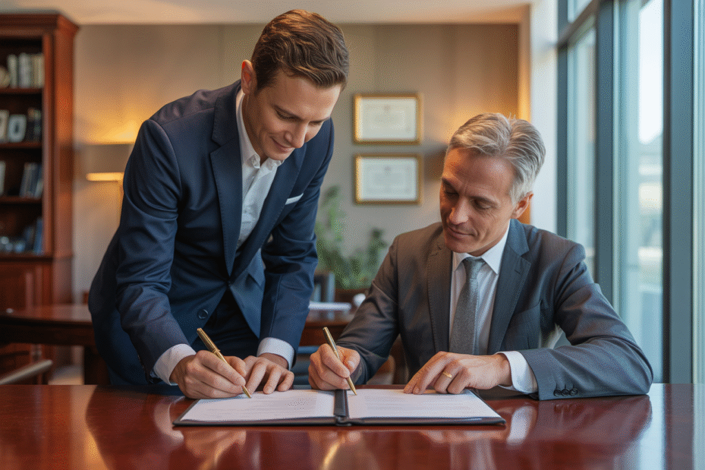 agente del vendedor firmando un contrato de exclusividad con el propietario, demostrando su lealtad fiduciaria