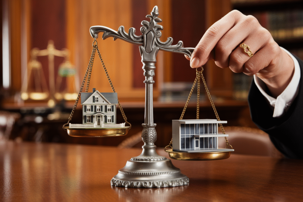  Conflicto de intereses entre Agente del Vendedor y Agente del Comprador, simbolizado por una balanza de la justicia desequilibrada