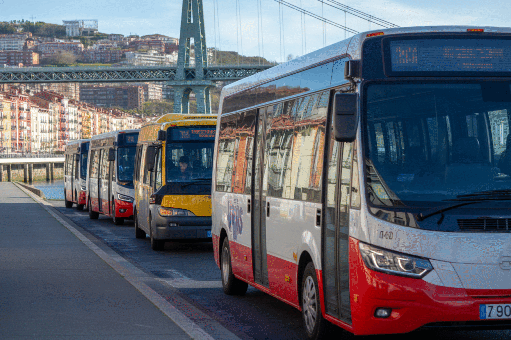 Red de autobuses de transporte público en Portugalete, con el Puente Colgante de Vizcaya al fondo, simbolizando la conectividad de la Margen Izquierda.