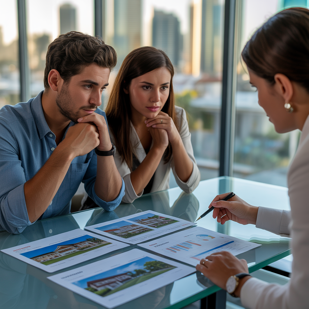 Agente inmobiliario explicando un Análisis de Mercado Comparativo (CMA) a una pareja de compradores para valorar una vivienda en Castellón