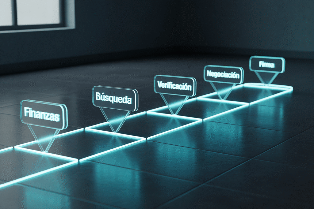 Hoja de ruta futurista con los 5 pasos del método definitivo para comprar una casa con seguridad