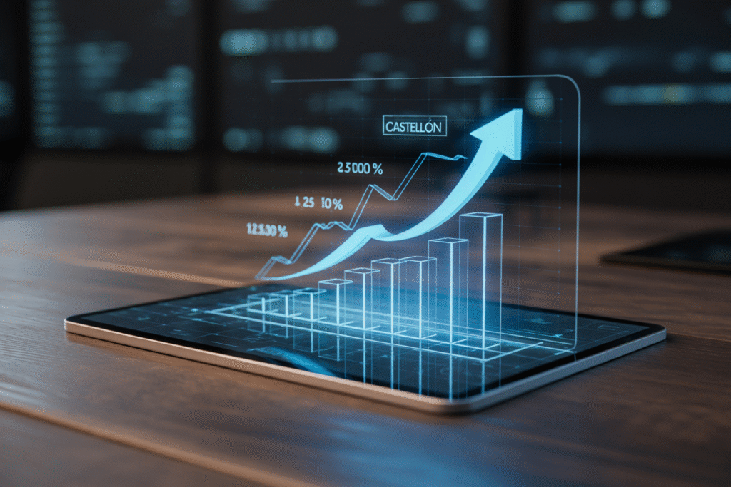 Gráfico futurista mostrando el crecimiento y la oportunidad del mercado inmobiliario de Castellón