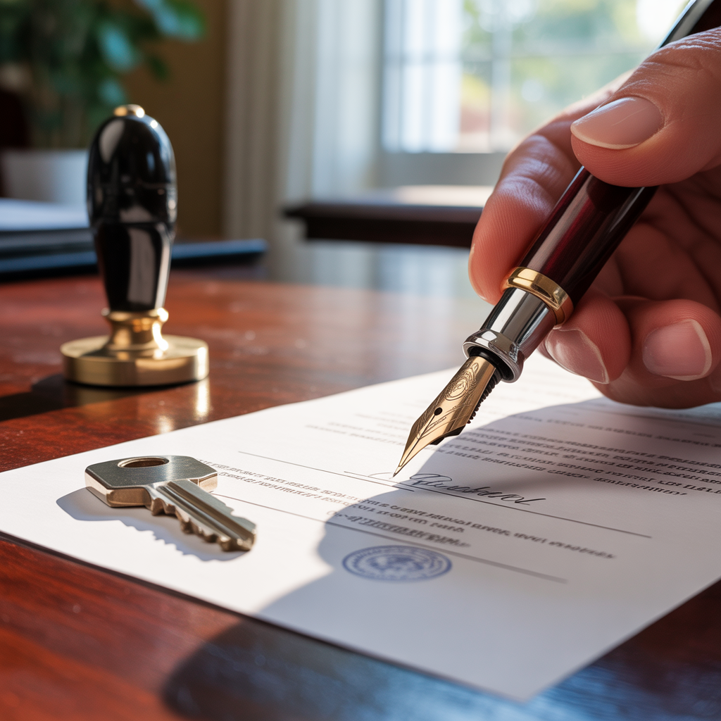 Escena de notaría para la compra de una casa. Sobre un escritorio de madera, una pluma firma una escritura, junto a un sello notarial y una llave de casa. Estilo de foto realista y profesional."