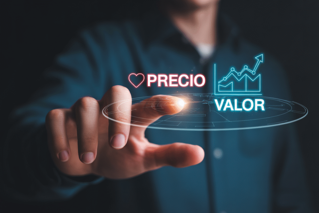  Interfaz holográfica mostrando la diferencia entre el precio emocional y el valor de mercado de una vivienda